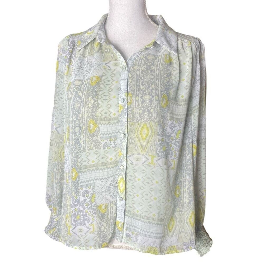 Hayden Womens Light Green Geometric Print Button-Down Blouse Small